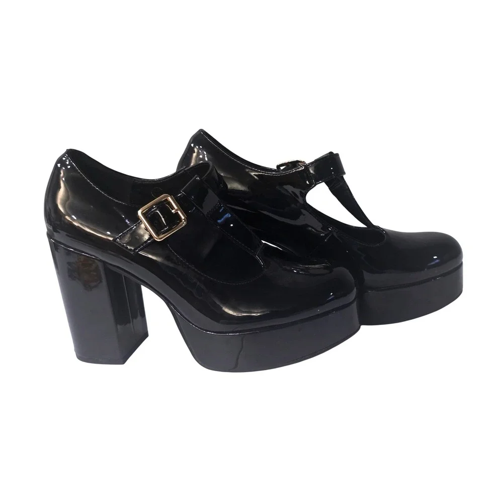 Coutgo Womens Black Patent Mary Jane Platform T-Strap Chunky Block Heel Sz 7.5